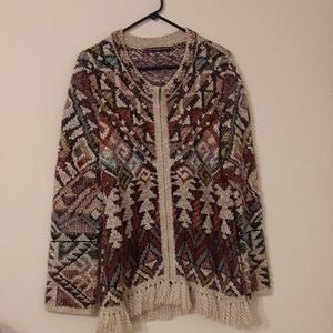 Peruvian Connection Alpaca 80% Multicolor Knit Cardigan Fringe  SZ L